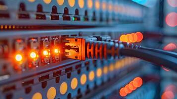 Close-up of glowing network cables connected to a server, showcasing data transfer in a tech hub photo