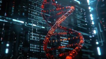 Abstract representation of DNA structure intertwined with digital data and technology background photo