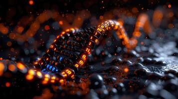 Abstract representation of a glowing DNA strand in a dark, textured environment with bokeh effects photo