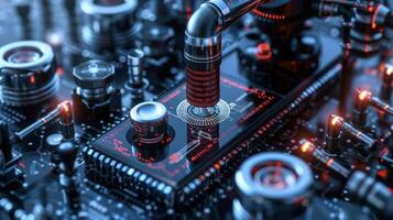 Intricate close-up of a futuristic circuit board with glowing components and advanced technology photo