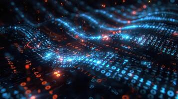 Abstract representation of digital data flow with glowing binary code in a dark environment photo