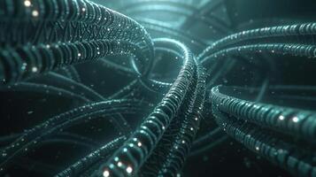 Intricate network of glowing, interconnected cables creating a futuristic digital landscape photo