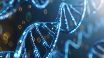 Close-up view of a glowing DNA double helix structure against a blurred bokeh background photo