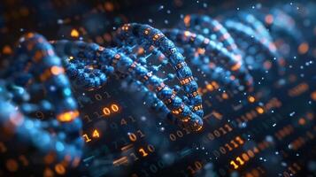 Abstract representation of DNA strands intertwined with digital binary code in a vibrant setting photo