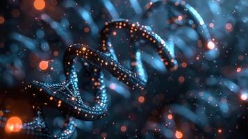 Intricate 3D rendering of a DNA helix surrounded by glowing particles in a scientific environment photo