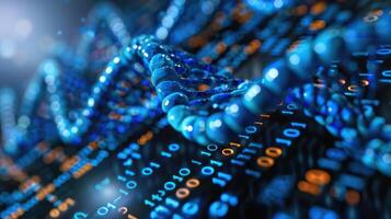 Abstract representation of digital data flow with blue and orange binary code in a futuristic setting photo