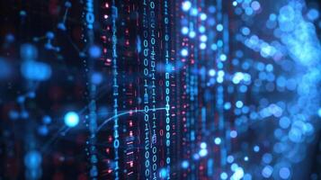 Abstract digital data flow with binary code and glowing particles creating a tech atmosphere photo