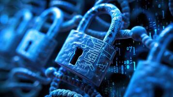 Close-up of multiple blue digital locks symbolizing cybersecurity and data protection photo