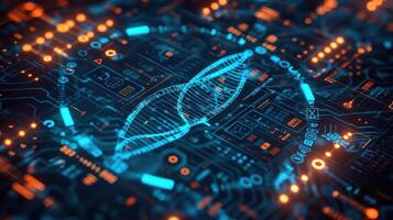 Abstract digital representation of DNA structure overlaid on a futuristic circuit board background photo