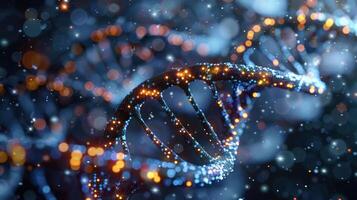 Abstract representation of DNA strands illuminated by colorful particles in a cosmic background photo