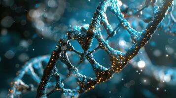 Close-up view of a DNA double helix structure illuminated with vibrant colors and sparkling particles photo