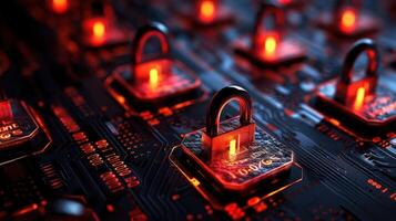 Close-up of glowing digital locks on a circuit board, symbolizing cybersecurity and protection photo