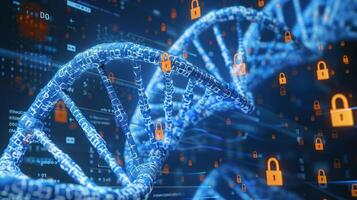 Abstract representation of DNA strands interwoven with digital locks and data streams, symbolizing security photo