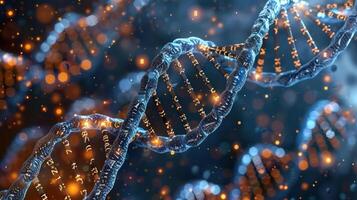 Close-up view of a DNA double helix with glowing elements and a blurred background, symbolizing genetics photo