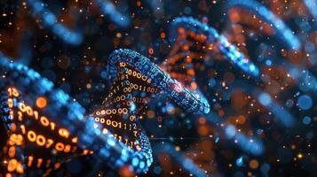 Abstract representation of digital DNA strands illuminated by glowing binary code and particles photo