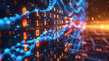 Abstract representation of digital data flow with binary code and glowing lines in a tech environment photo