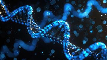 Abstract representation of DNA structure with glowing blue particles on dark background photo