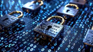 Multiple metallic padlocks resting on a digital background of binary code, symbolizing cybersecurity photo