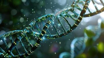 Close-up of a glowing DNA helix surrounded by lush greenery and sparkling particles in a vibrant forest photo
