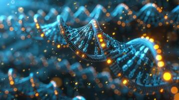 Abstract representation of DNA strands illuminated by glowing particles in a scientific environment photo