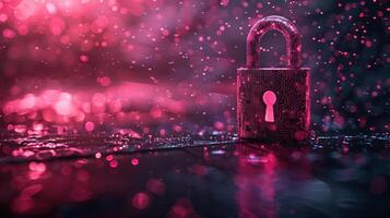 A close-up of a shimmering padlock surrounded by vibrant, colorful bokeh effects in a wet environment photo