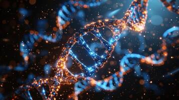 Close-up view of a glowing DNA double helix structure with vibrant particles in a dark background photo