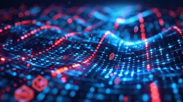 Abstract digital landscape with glowing blue and red data waves, showcasing technology and innovation photo