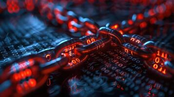 Close-up of glowing digital chain links against a dark binary code background, symbolizing cybersecurity photo