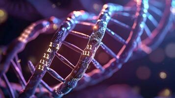 Close-up of a vibrant DNA double helix structure showcasing intricate details and glowing elements photo
