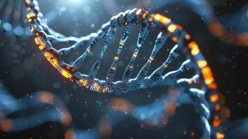 Intricate 3D rendering of a glowing DNA double helix structure with digital elements in a scientific background photo
