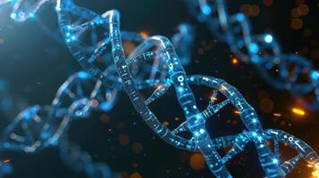 Close-up view of a glowing DNA double helix, showcasing intricate details and digital effects, with a soft bokeh background photo