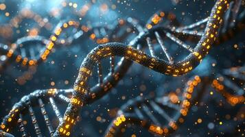 Abstract representation of DNA strands illuminated with binary code amidst a sparkling background photo