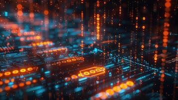 Abstract digital landscape with vibrant blue and orange data streams flowing through a futuristic setting photo