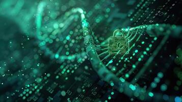 Abstract representation of digital security with a padlock amidst flowing data streams and circuits photo