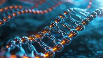 Close-up view of a DNA double helix structure illuminated with vibrant colors, showcasing molecular details photo