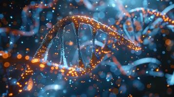Abstract representation of DNA strands illuminated by vibrant particles in a cosmic environment photo