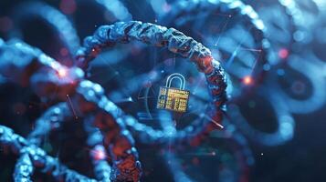 Abstract representation of digital security with intertwined strands and a padlock in focus photo