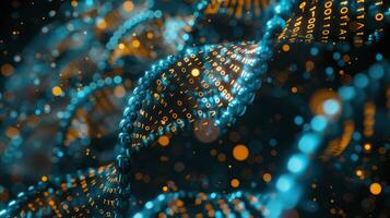 Digital representation of DNA strands with binary code and glowing particles in a dark background photo