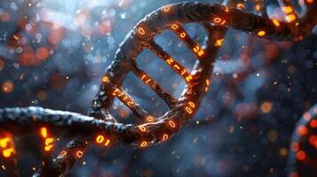 Intricate close-up of a DNA helix illuminated by glowing binary code in a mystical environment photo