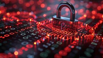Digital padlock secured in a sea of binary code, symbolizing cybersecurity and data protection photo