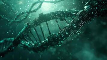 Abstract representation of DNA structure with digital elements, illuminated in a dark underwater setting photo