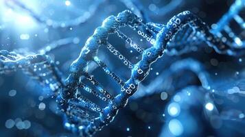 Close-up view of a DNA double helix structure with glowing elements and blurred background photo