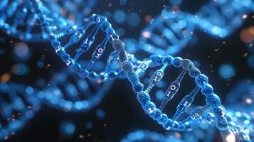 Close-up view of a vibrant DNA double helix structure against a blurred background, illustrating genetics photo