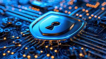 Close-up of a digital security shield on a circuit board with glowing connections and technology photo