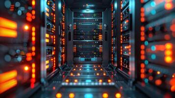 Futuristic data center with illuminated servers and cables, showcasing advanced technology in action photo