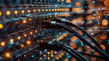 Close-up of interconnected cables and glowing lights in a data center, showcasing technology in action photo