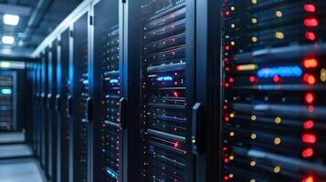 Modern data center showcasing rows of servers with illuminated lights, indicating activity photo