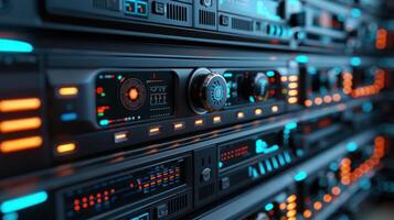 Close-up view of illuminated server racks showcasing technology and data processing in a modern data center photo