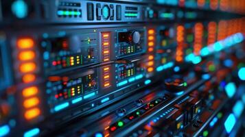 Close-up view of illuminated control panels in a high-tech server room with colorful lights photo