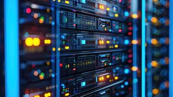 Close-up view of a modern data center filled with illuminated server racks and cables photo